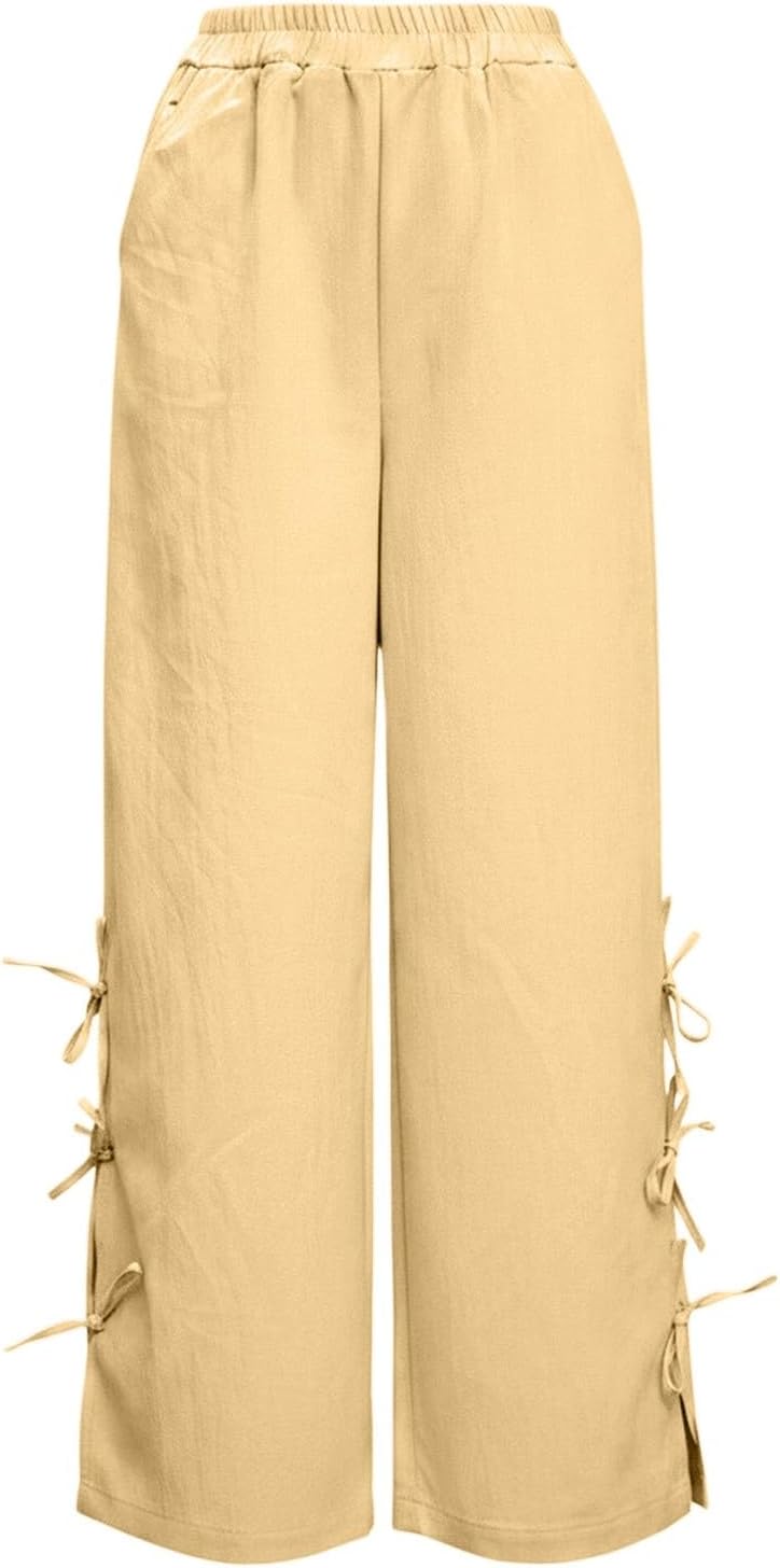 Elastic Waist Cotton Linen Casual Pants, Solid Side Slit Lace Tie Knot Bottoms for Womens Boho Summer Beach Wear