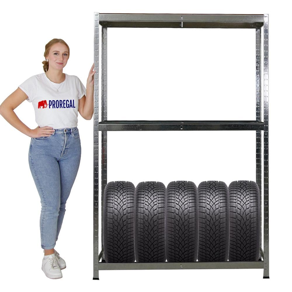 PROREGAL Étagère à pneus Ragnar | HxLxP 180x120x40cm | jusqu'à 8 pneus sur 2 Niveaux + Rangement | 265kg Charge Max. | Galvanisé