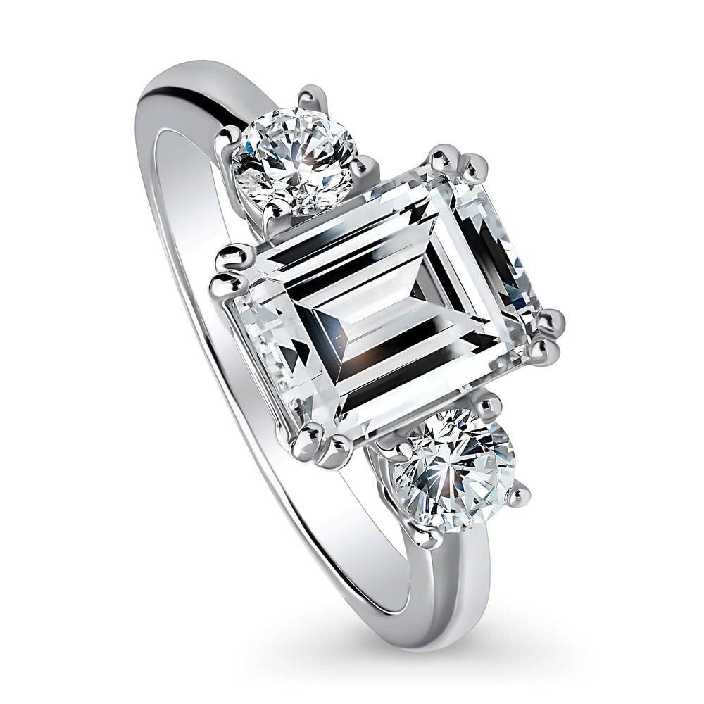 BERRICLE Sterling Silver 3-Stone Wedding Engagement Rings Emerald Cut Cubic Zirconia CZ Anniversary Promise Ring for Women, Rhodium Plated Size 4-10