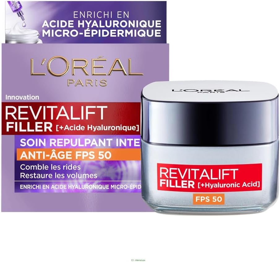 L’Oréal Paris - Soin Repulpant Intense Anti-âge FPS 50 - Crème de Jour à l’Acide Hyaluronique avec Protection UV - Rides & Ridules - Pour Tous Types de...