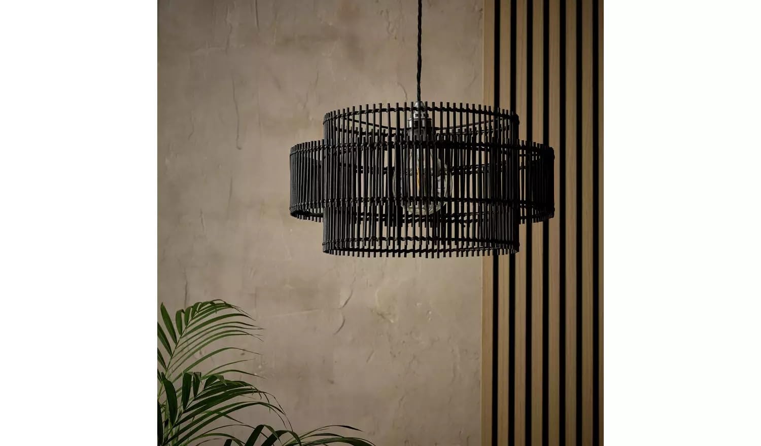 Bamboo 2 Tier Easy Fit Lampshade 40cm – Modern Woven Pendant Light Shade, Boho Ceiling Light Cover, Layered Hanging Lampshade for Living Room Bedroom Dining Room (Black)