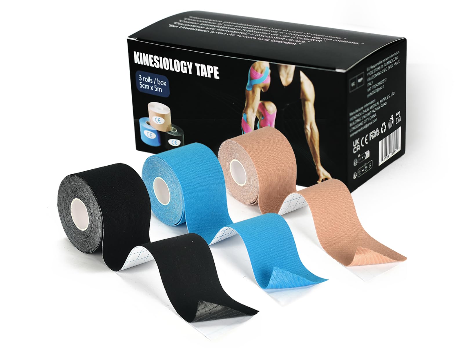 Tigratigro Kinesio Tape,3 Rotoli 5cm x 5m,Nastro Kinesiologico Sportivo per Dolore Muscolare, Ginocchio, Spalla, Gomito - Bendaggio Elastico e Impermeabile, Supporto Articolazioni-Nero, Blu, Naturale