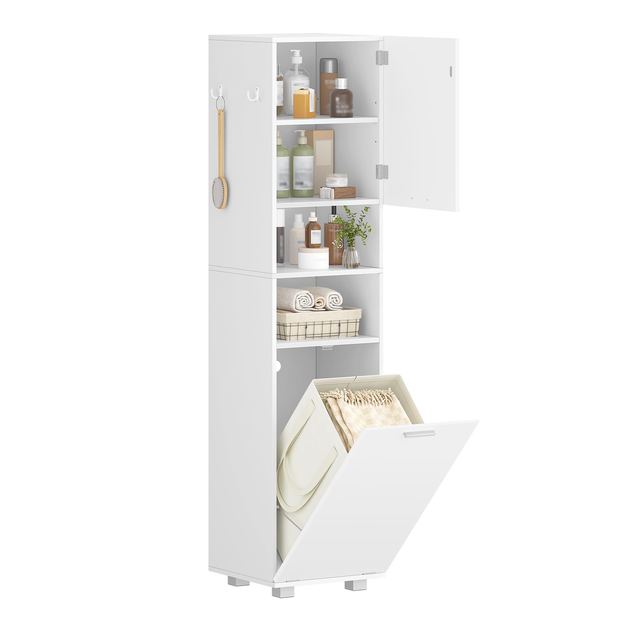 Hzuaneri Meuble de Salle de Bain avec Panier à Linge Amovible, Armoire Haute étroite, Placard de Rangement Haut avec Panier à Linge, Étagères Réglables, 40 x 40 x 170 cm, Blanc BC72003X