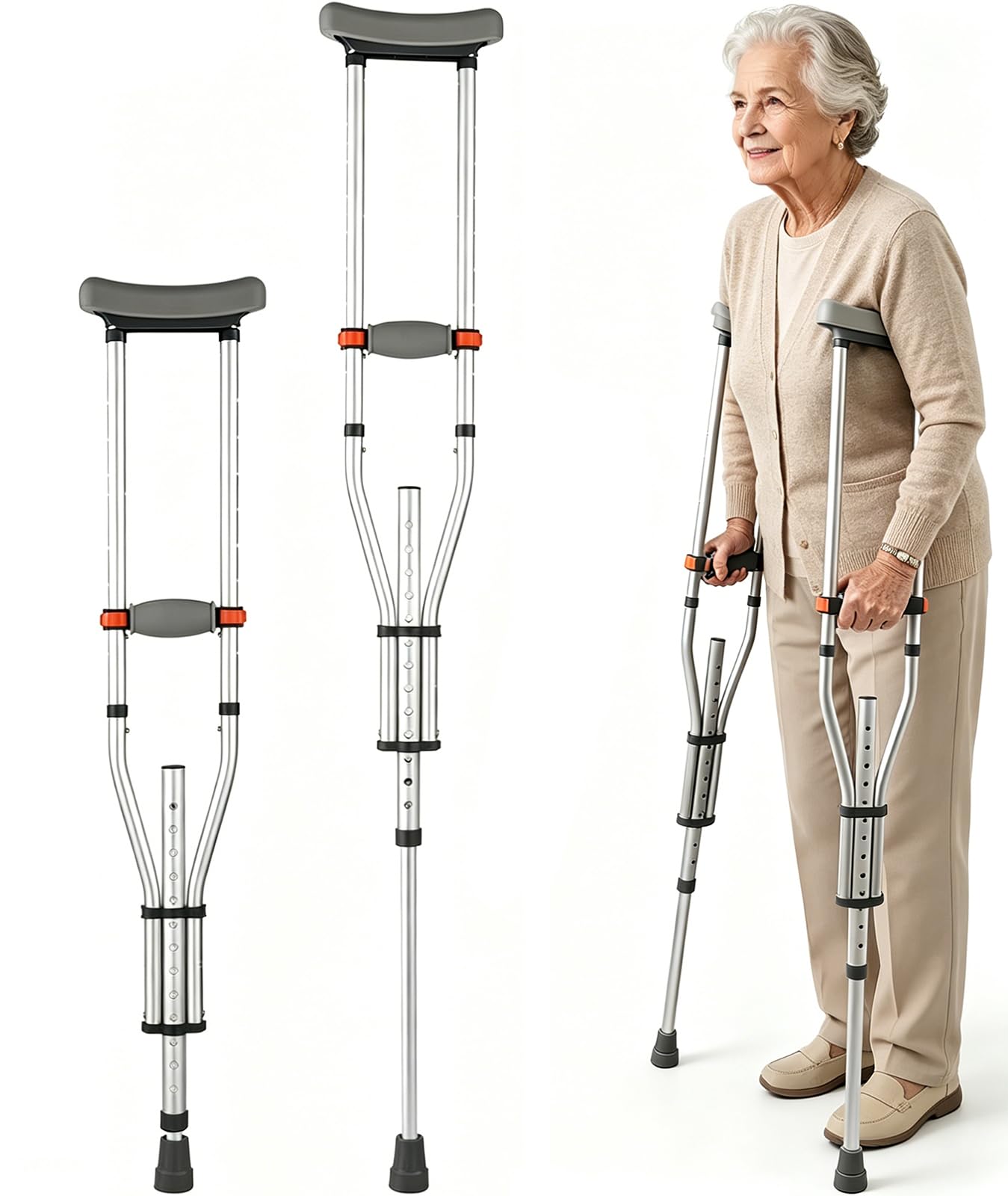 Muletas Axilares Ajustables en Altura, 1 Par Plegables de Aluminio, 150 KG Carga, Almohadillas Suaves para Adultos, Lesionados y Rehabilitación