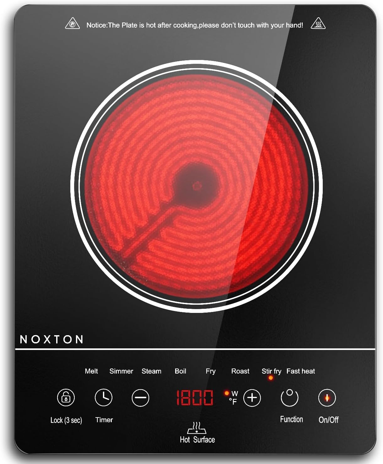 Noxton Portable Ceramic Hob with 13amp Plug, Pulg in Electric Hob with 4-Hour Timer, 9 Power Levels Up to 2000W, 8 Pre-set Functions Touch Sensor Control, Safety Lock