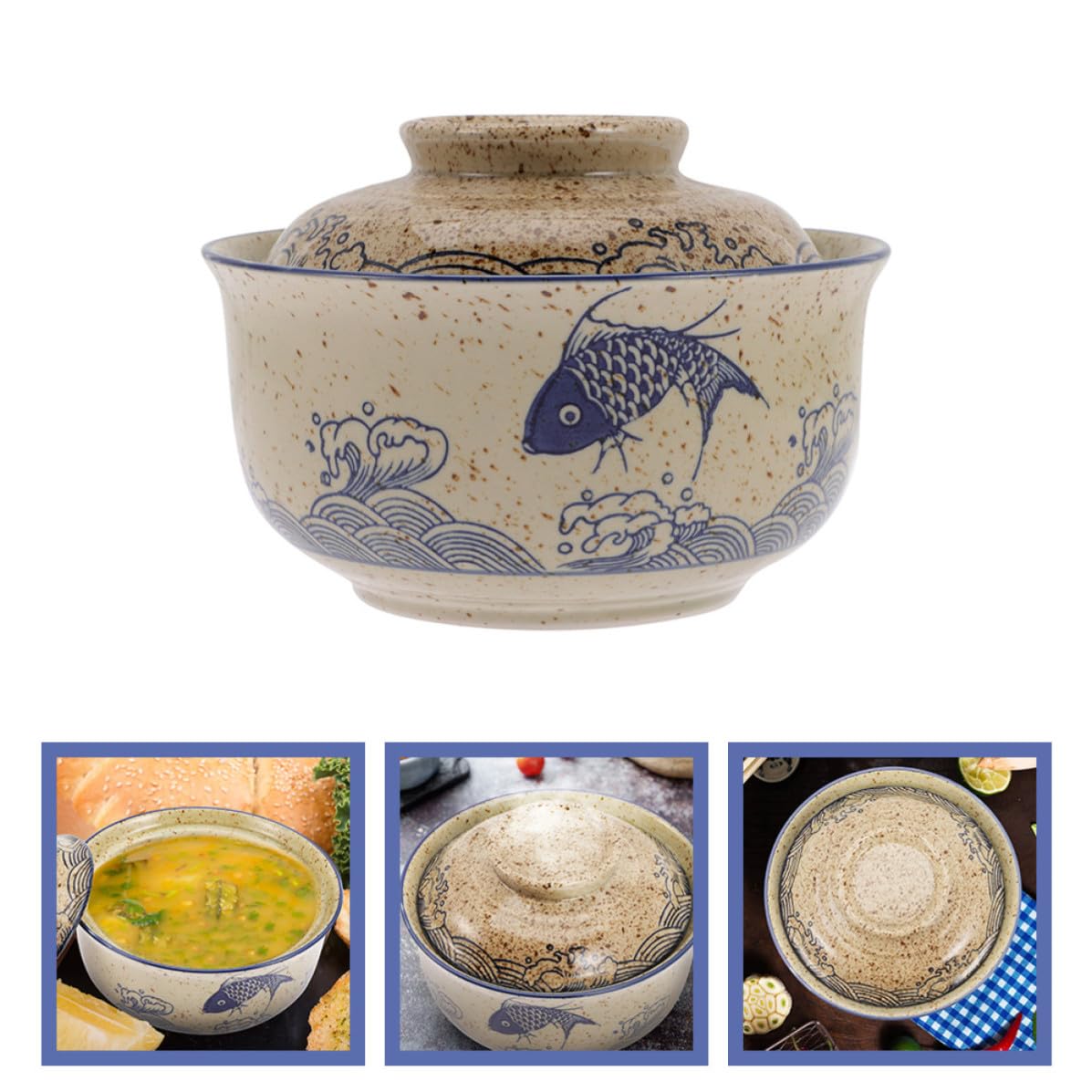 Tazón de Ramen Japonés con Tapa de Cerámica, Diseño Simple y Superficie Lisa, Fácil de Limpiar, Adecuado para Servir Sopa y Fideos en Casa