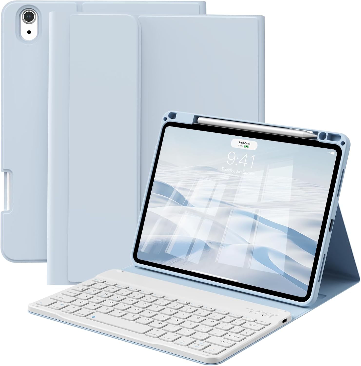 Case with Keyboard for iPad Air 11 inch M3/M2 (2025/2024)/Air 5th 4th Generation (2022/2020) 10.9 Inch, Magnetically Detachable Bluetooth Keyboard Cover with Pencil Holder, Sky Blue