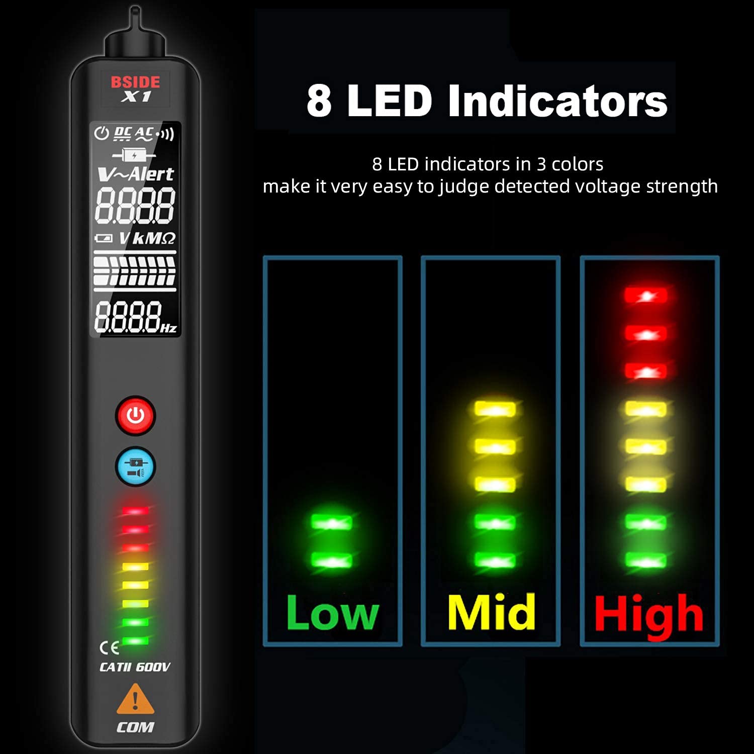 BSIDE Rilevatore di Tensione NCV con LCD EBTN Multimetro Automatico a Penna Display a 3 Risultati e 8 LEDs Sensibilità Regolabile Tester di Tensione AC DC Ohm Hz Fili Filo vivo con Torcia