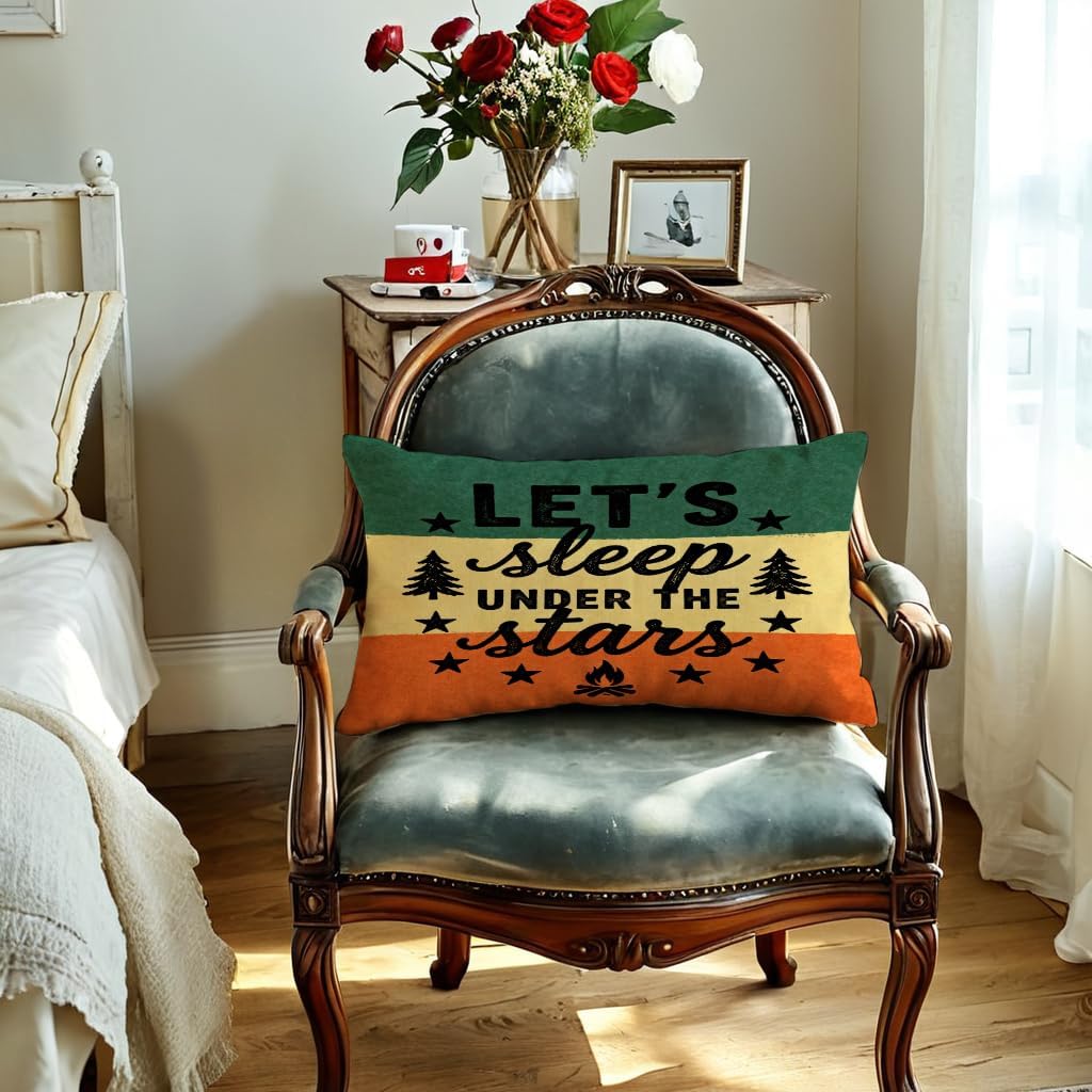 Camping Theme Pillow Covers 12x20 Inch 2Pack ,Life is Better Around The Campfire Rectangular/Waist Pillow Cases, Rustic Outdoor Adventure Cushion Covers ,for Sofa Patio Cabin Home Decor(Green/Orange) image 4