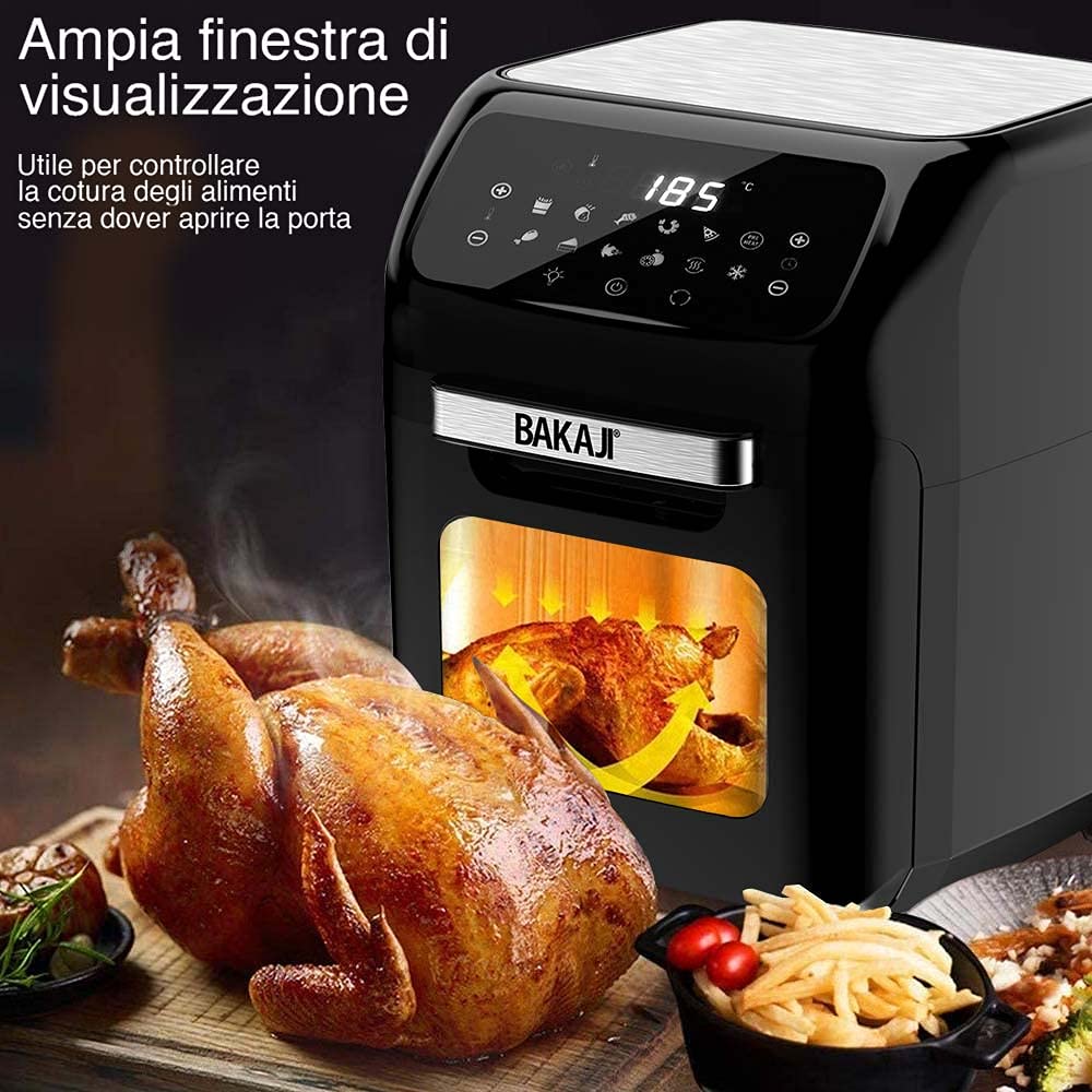 Bakaji Forno Friggitrice ad Aria Calda Frigge Cuoce Griglia Essicca Senza Olio Airfryer Capacità 12Lt Display LED Touch 12 Programmi Timer Regolazione Temperatura Potenza 1800W (Silver)