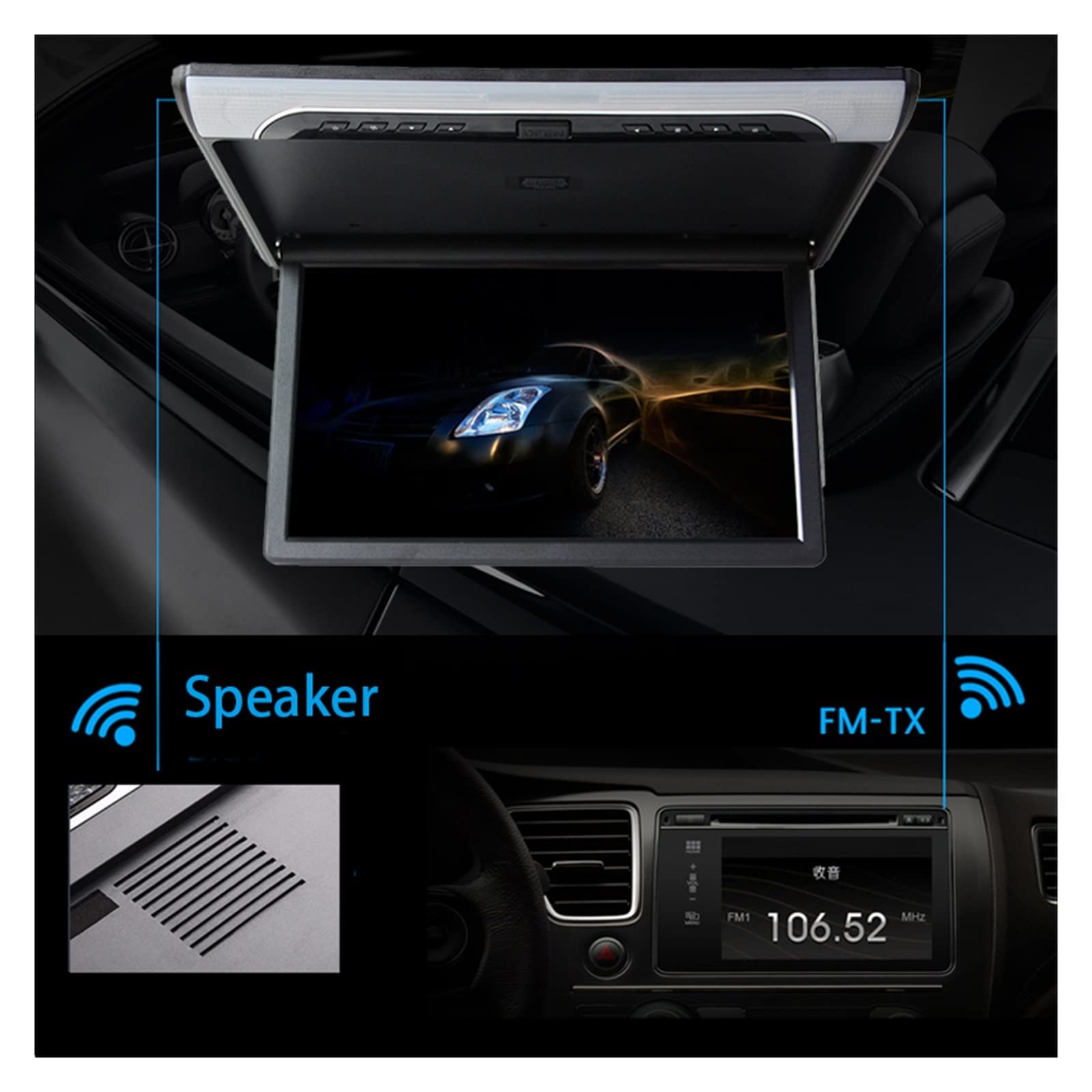 19 Cal samochodowy odtwarzacz wideo HD ekran LCD 1080P Monitor samochodowy wyświetlacz do montażu na dachu MP5 Auto telewizor sufitowy USB FM głośnik Link(19 inch Grey)