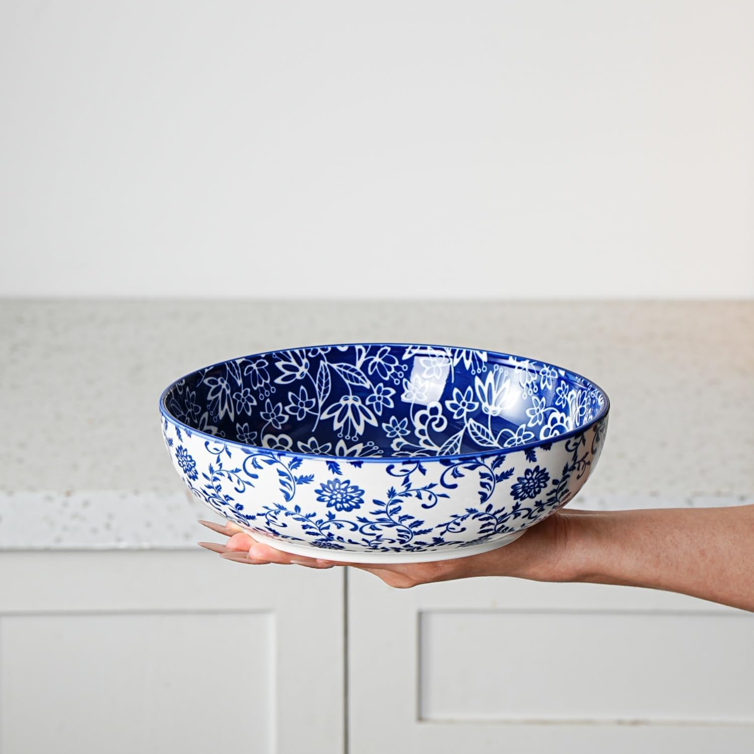 Ceramic Large Salad Bowls - 45 OZ Pasta Bowls 8 inch Wide Serving Bowl for Soup Dinner Dessert Noodle Fruit Bowls - Microwave Dishwasher Safe - Set of 4 - Vintage Blue