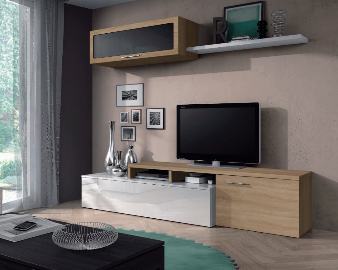 Parete attrezzata Porta TV 200 cm Nova Bianco Lucido e Rovere Canadese - Bianco Lucido/Rovere Canadian