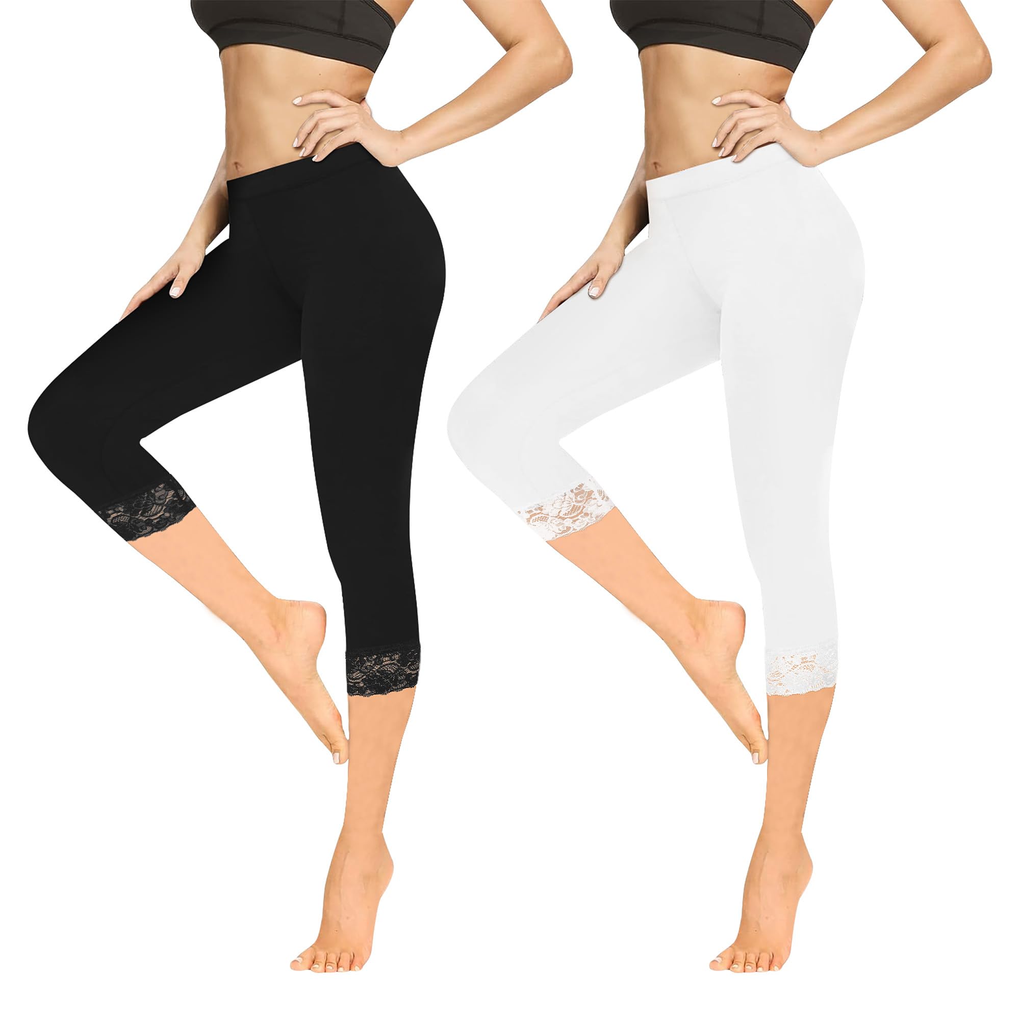 Geyuwoz Leggings Damen 3/4 High Waist Capri Leggins Blickdicht Caprihose Sommer Baumwolle Leggings mit Spitze Sporthose Leggins 7/8 für Damen Yoga Gym Schwarz Weiße 2er Pack BW L