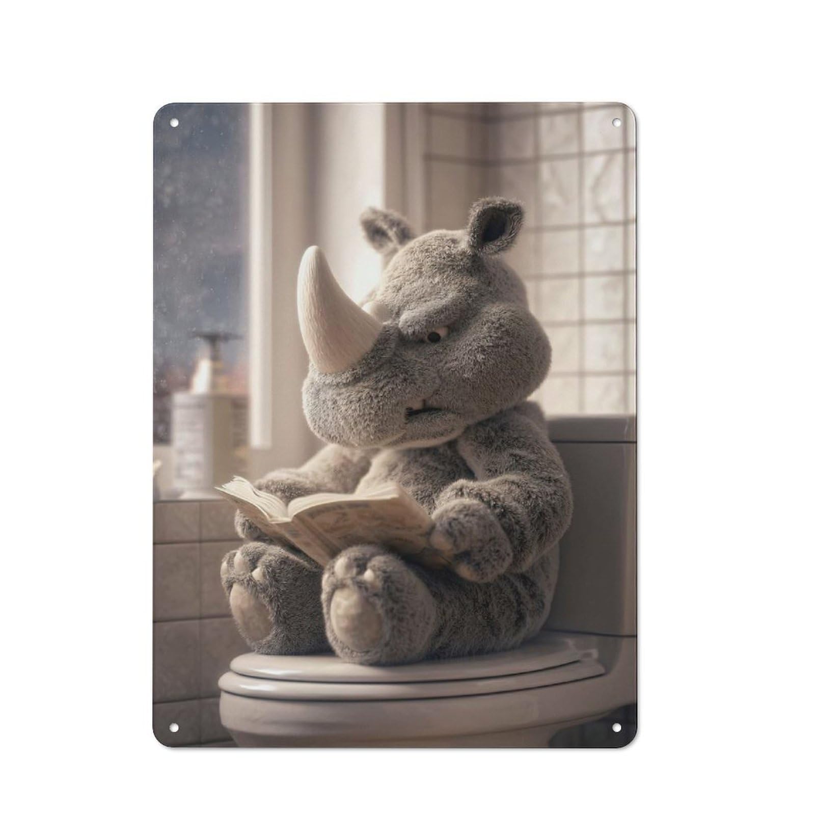 Junmoney Style-6 Tin Sign 40X30cm With Plush Rhino Reading On Toilet For Hallway Wall, Rustic Decor, For Vintage Wall Decor Fans, For Garage And Workshop Walls