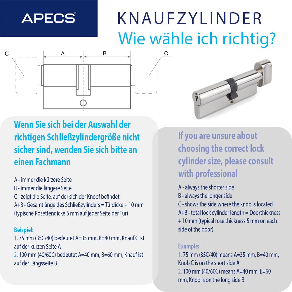 Generic APECS SM-100 40C/60 -C Serrure cylindrique 40/60 mm pour serrure de porte avant avec 5 clés