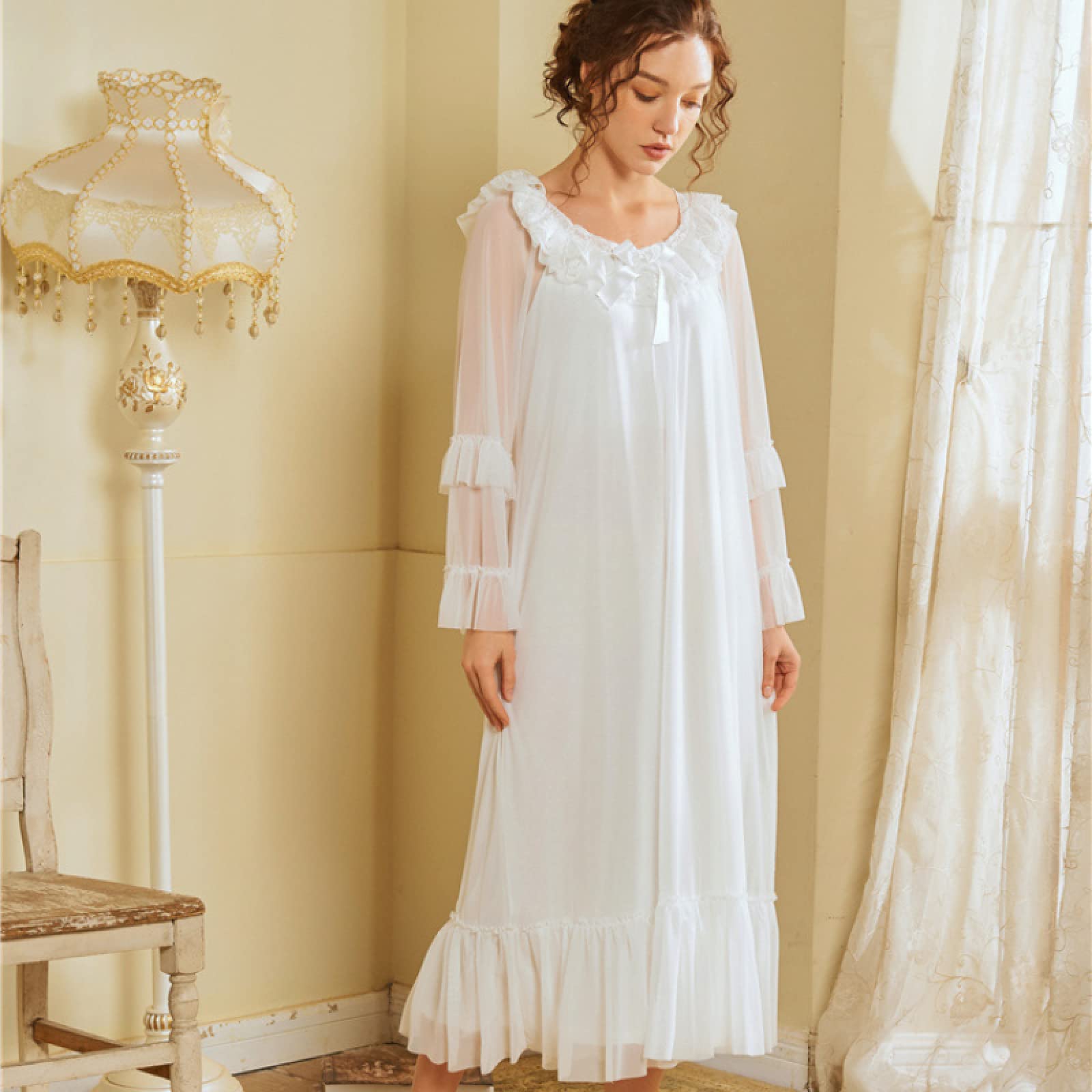 OFFSUM Camisón De Pijama De Mujer - Cuello Redondo Bowknot Vestido Primavera Verano Malla Algodón Ropa De Dormir Elegante Encaje Vintage Camisón Novia Loungewear Lencería