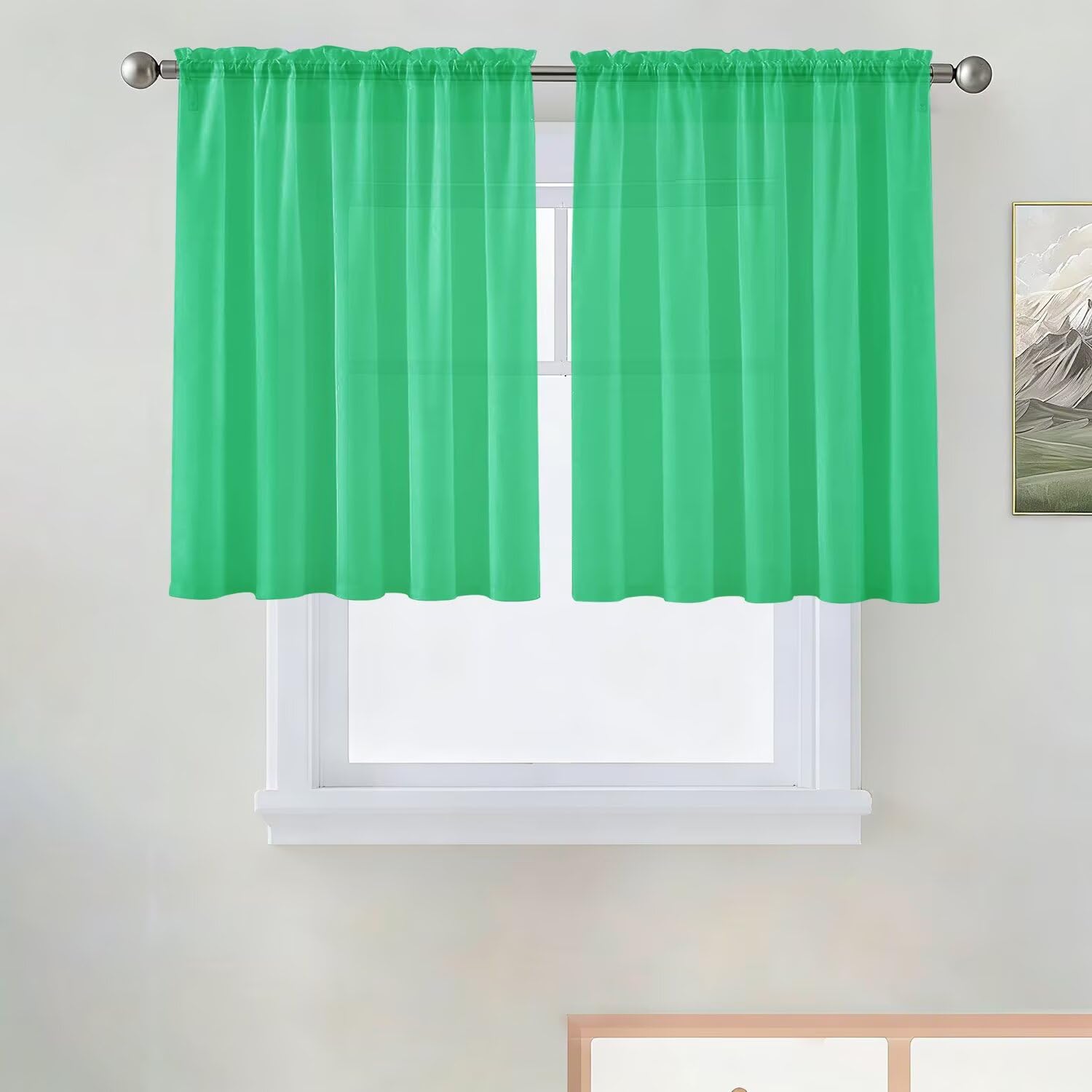 SpaceDresser Basic Rod Pocket Sheer Voile Window Curtain Panels Grass Green 1 Pair 2 Panels 52 Width 36 Inch Long for Kitchen Bedroom Children Living Room YardοΌGrass Green, 52W x 36LοΌ