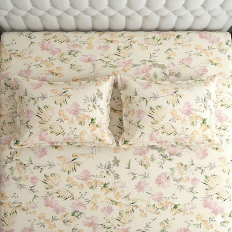 Image of Cotton Bolls Textiles Glace Cotton Fitted Bedsheet 72x72x6 Inch with 2 Pillow Covers - Soft Breathable Fabric, Elastic All Around, Printed Bedding for Double Bed