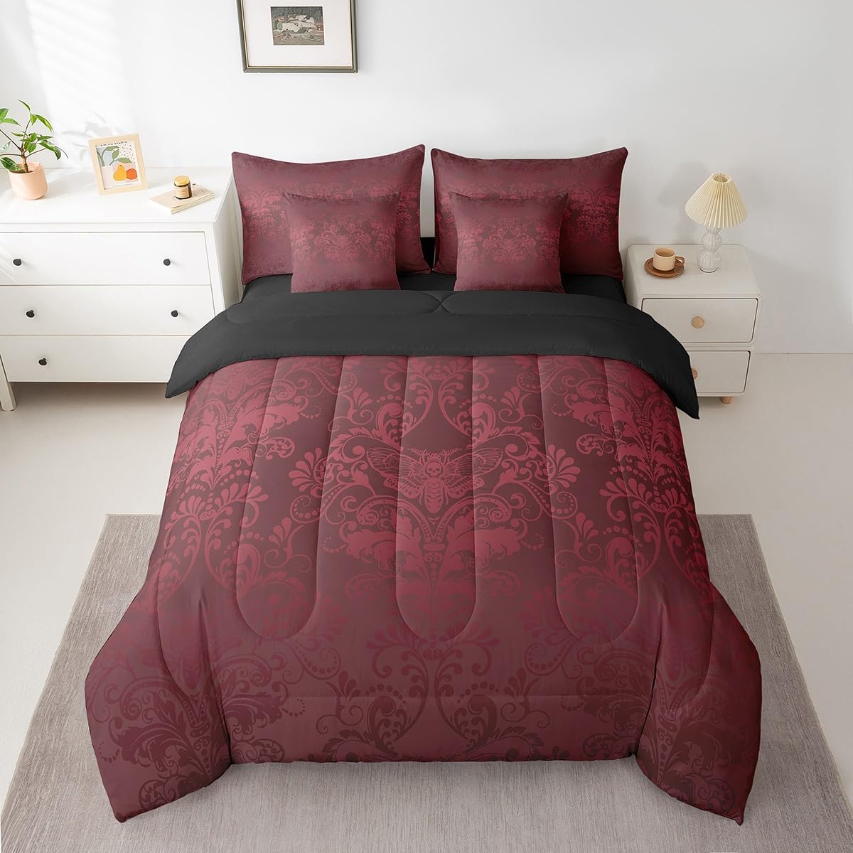 Erosebridal Gothic Damask Comforter Set 7 Piece Bed in a Bag Twin,Exotic Moth Bedding Sets Red Victorian Floral Goth Sheet Set with Comforter