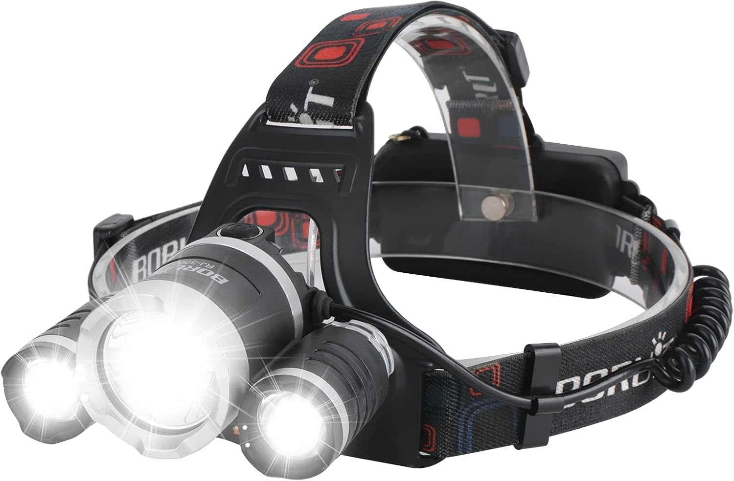 BORUIT RJ-3000 Headlamp Rechargeable, LED Head Lamp Super Bright - Outdoor Headlight 4 Modes, 4 Helmet Clips, Waterproof Construction Hard Hat Head Light for Adults Camping Hiking Hunting