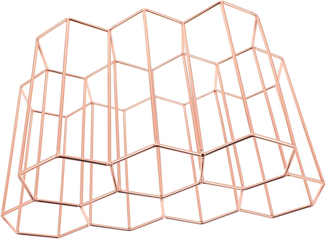 GARVALON Honeycomb Metal Wine Rack 7-Hole Creative Iron Bottle Holder Rose Gold Tabletop Wine Display Stand for Home Bar and Living Room Decor