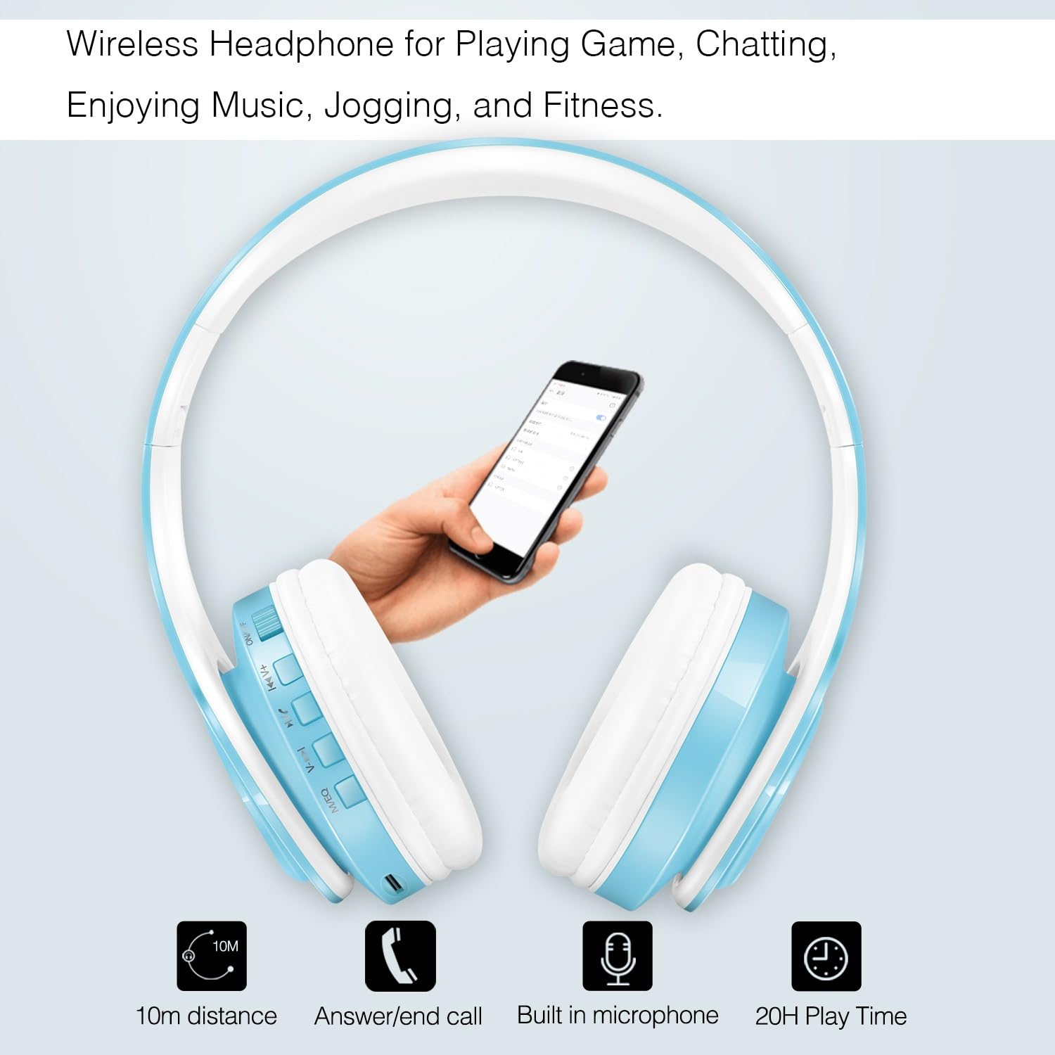 RAT TAIL Auriculares Bluetooth V5.0 sobre la oreja, plegables, inalámbricos y estéreo con cable, micro SD/TF, FM para teléfono celular, PC, orejeras suaves y ligeros para un uso prolongado (azul)