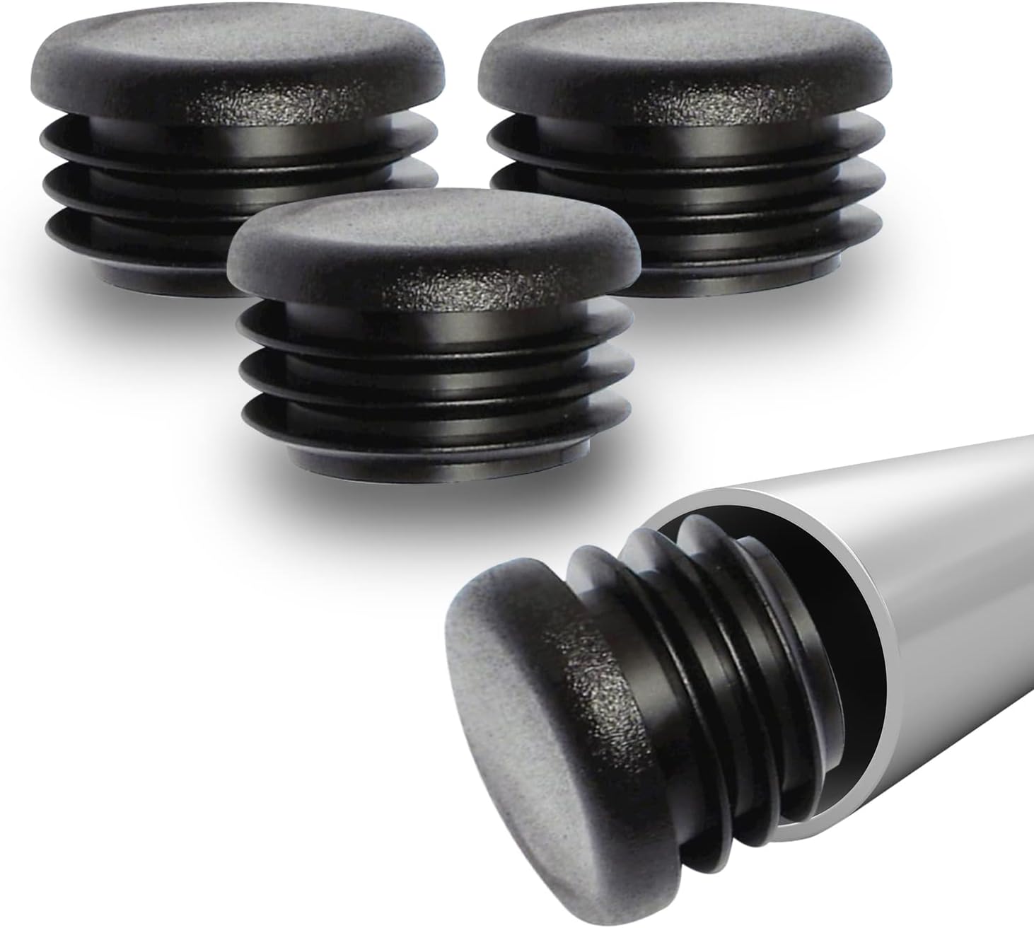 Prescott Plastics 1" (25.4mm) Outer Diameter Ribbed Plastic Hole Plugs, Round Black Metal Tubing End Caps, StrongFurniture Leg Inserts, Impact & Weather Resistant, Made in The USA - 4 Pack