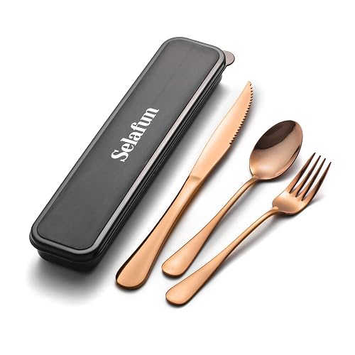 Selafun 4-pieces Travel Set with Case Portable Silverware Utensils Set for work, Stainless Steel Reusable Flatware Set