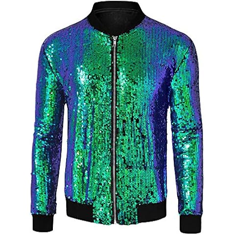 Lars Amadeus Men's Varsity Jacket Halloween Party Disco Shiny Sparkly Glitter Sequins Bomber Jacket Green XL Cover