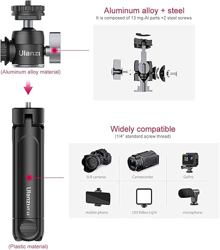 Miniatura 2 de ULANZI Mini trípode para cámara con cabeza de bola de 360 y zapata fría, extensible pequeño palo selfie stick de mesa trípode de agarre para cámara