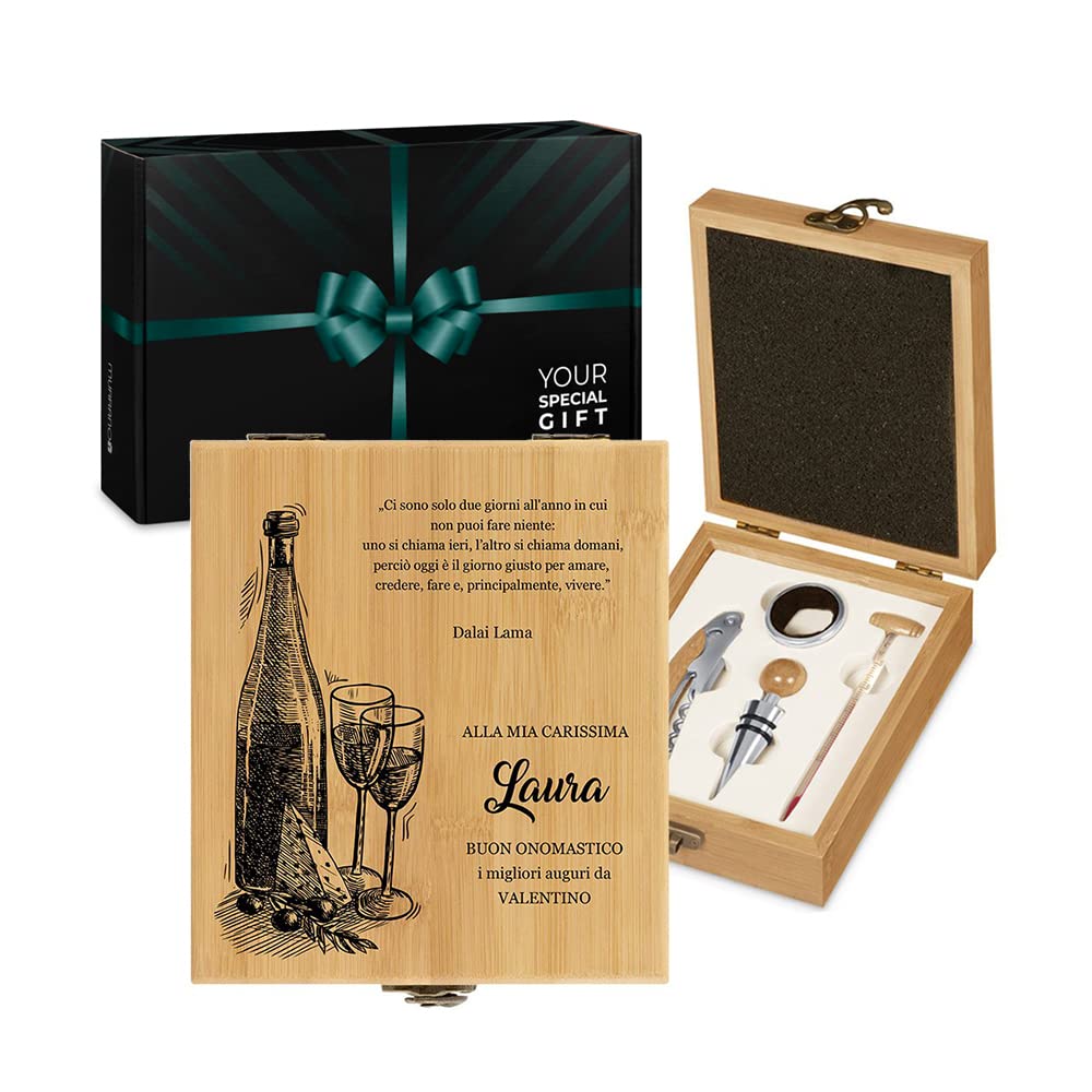 Maverton Set di Accessori da Vino - Kit Cavatappi da Vino Degustazione Perfetta Personalizzato - Scatola in Legno di bambù + 4 Pezzi di Accessori Vino - Regalo Donna - Giorni