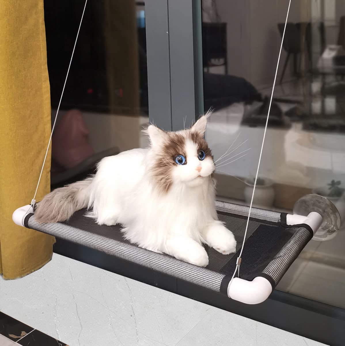 Cama negra para ventana de gato, hamaca para ventana de gato con cómoda manta que ahorra espacio, asiento de gato montado en la ventana para pesar hasta 55 libras de gatos