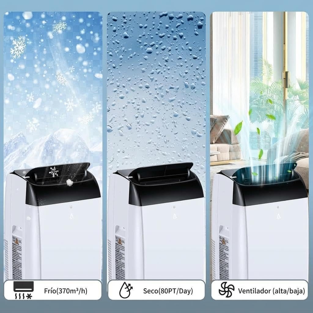 GarveeMore Aire Acondicionado Portátil 10000 BTU TCL 3 en 1 Frío Ventilador y Deshumidificador Clase A+ Enfriamiento Rápido 2930W Control Remoto Hogar Oficina Negro - 5