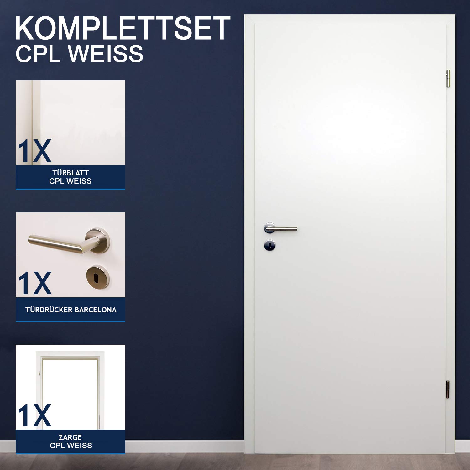 HORI Zimmertür Komplettset mit Zarge und Türdrücker I Innentür CPL Weiß I Höhe 198,5 cm I Anschlag, Breite und Wandstärke wählbar - DIN rechts - 1985 x 860 x 140 mm