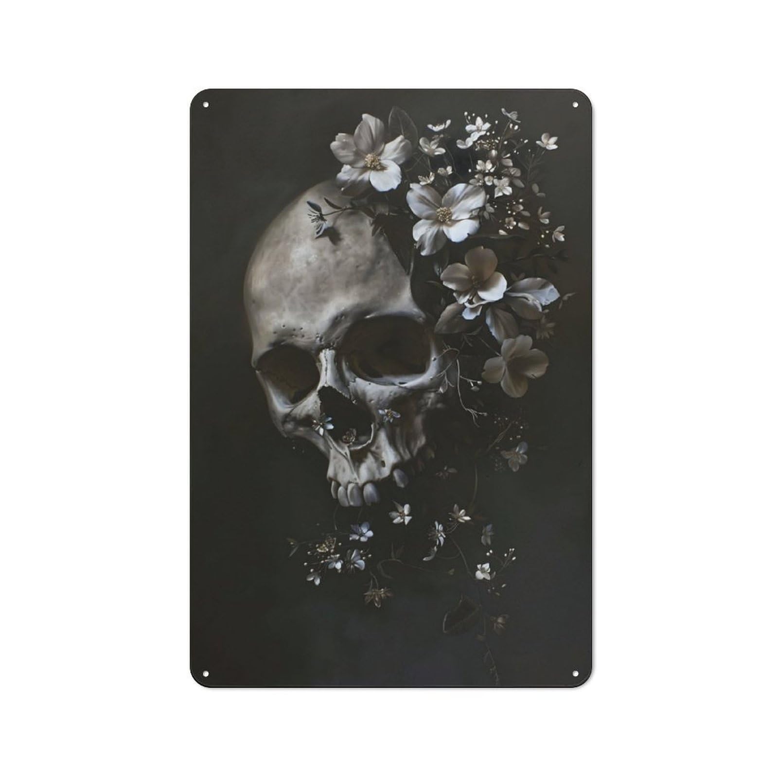 Junmoney Skull White Flowers Rustic Metal Sign 30X20cm Featuring For Hallway Wall, For Collectors Decorating Hallways And Entrance Areas
