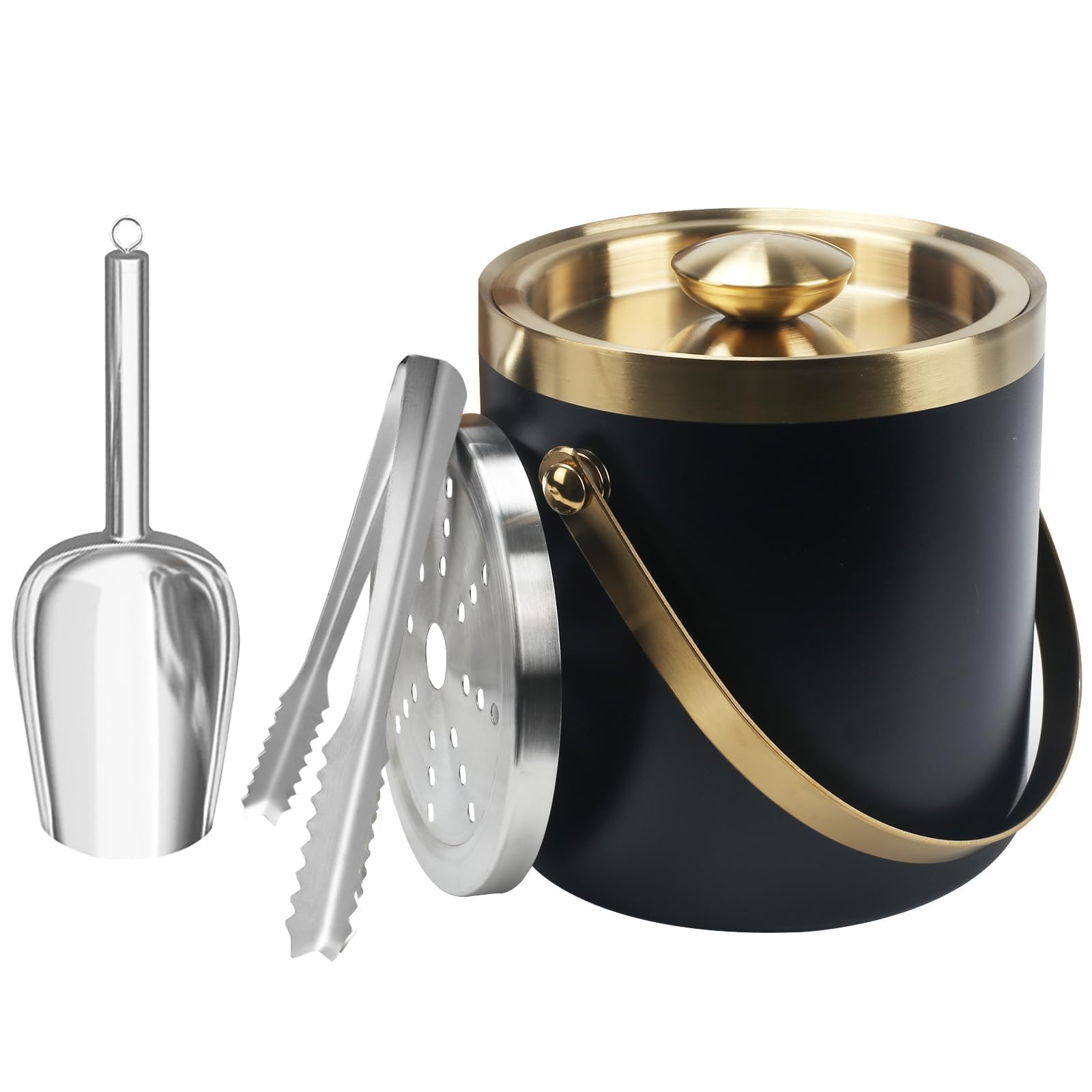 3L cubiteras para hielo grande hielera portátil cubiteras para botellas de doble pared de acero inoxidable champanera con Tapa Colador Cuchara hielo y Pinza para Bar Fiestas de picnics Negro