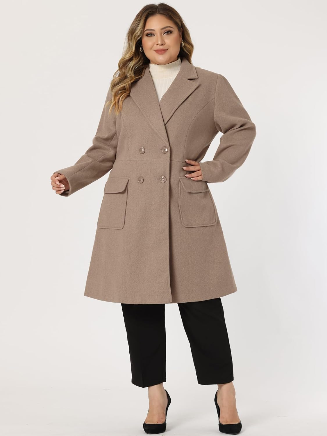 Agnes Orinda Women's Plus Size Long Winter Coats Notch Lapel Double Breasted Pea Trench Coats - Image 3