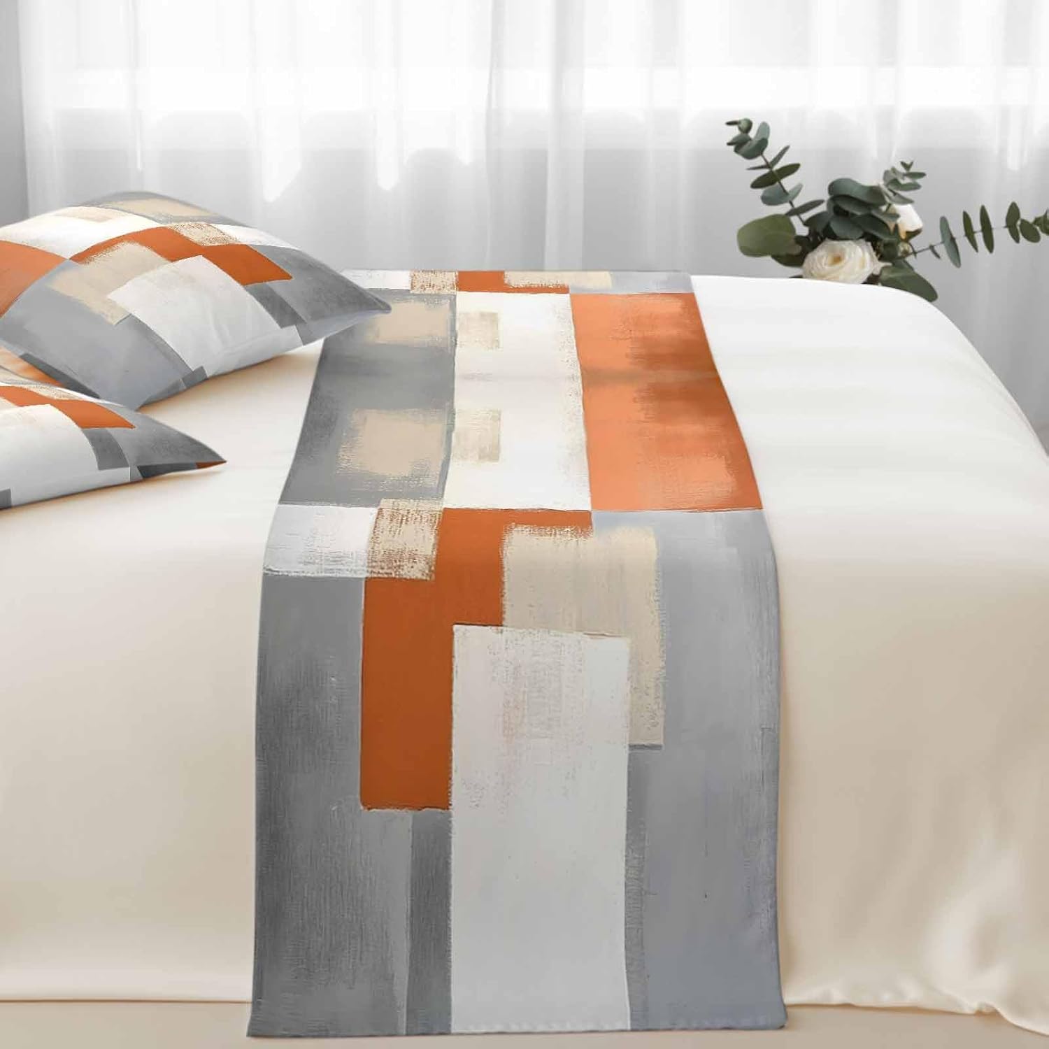 Abstract Orange Grey Bed Runner with 18"x18" Pillow Covers Set, Vintage Simple Color Blocks Soft Decorative Bed Scarf for King Size Beds, Bedding Scarves Protector for Bedroom Hotel Room 102"x20"