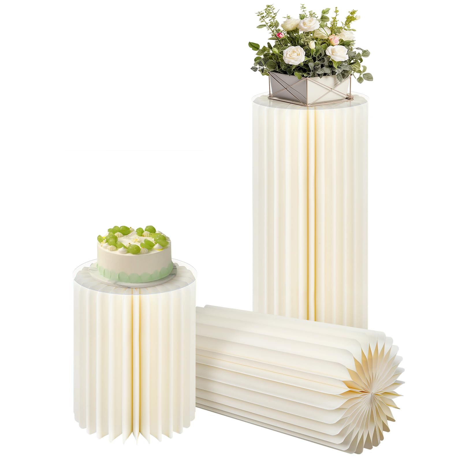 3PCS Cylinder Stands with Acrylic Plate Beige Foldable Cylinder Pedestal Stand for Party Round Cylinder Pillars for Wedding Dessert Table Display