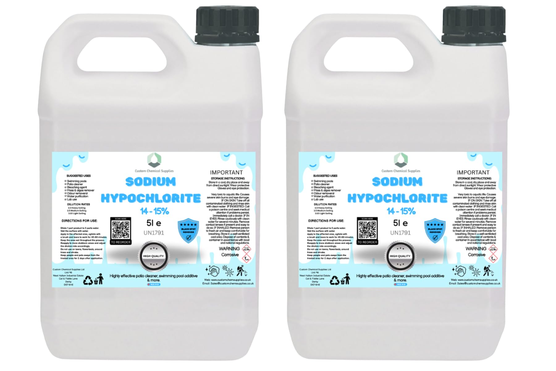 Customchem Sodium Hypochlorite 10 Litres Patio Cleaner (2x5L) | Extra Strong 14-15% Concentration | Swimming Pool Liquid Chlorine & Black Spot Remover | Bleach Solution