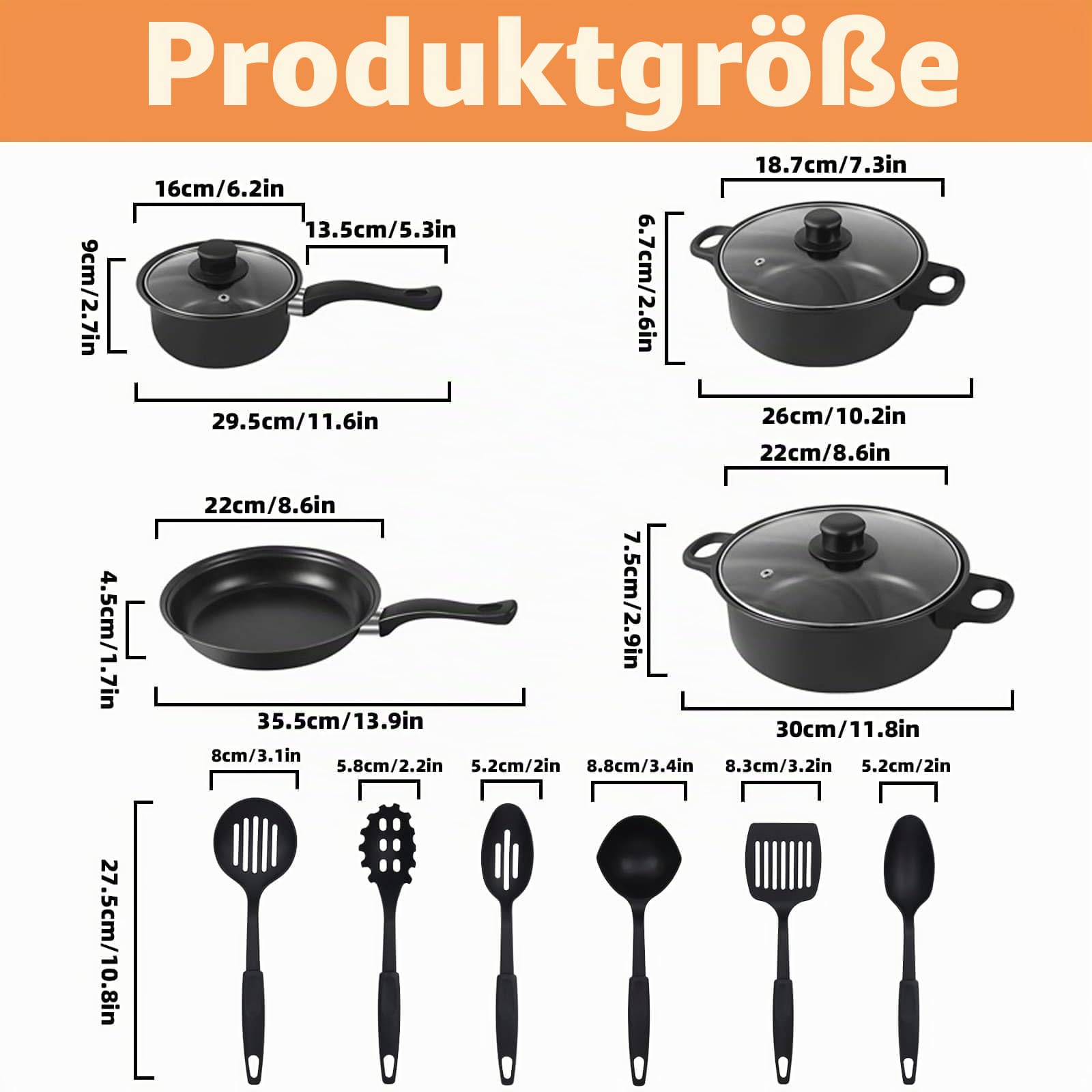 Induktionskochfeld-Topf-Set, 13-teilig, antihaftbeschichtete Töpfe und Spatel, Küchen-Kochgeschirr-Set, Bratpfanne, Suppentopf mit Anti-Verbrühungsgriff, stapelbares Kochgeschirr, Camping-Set für alle