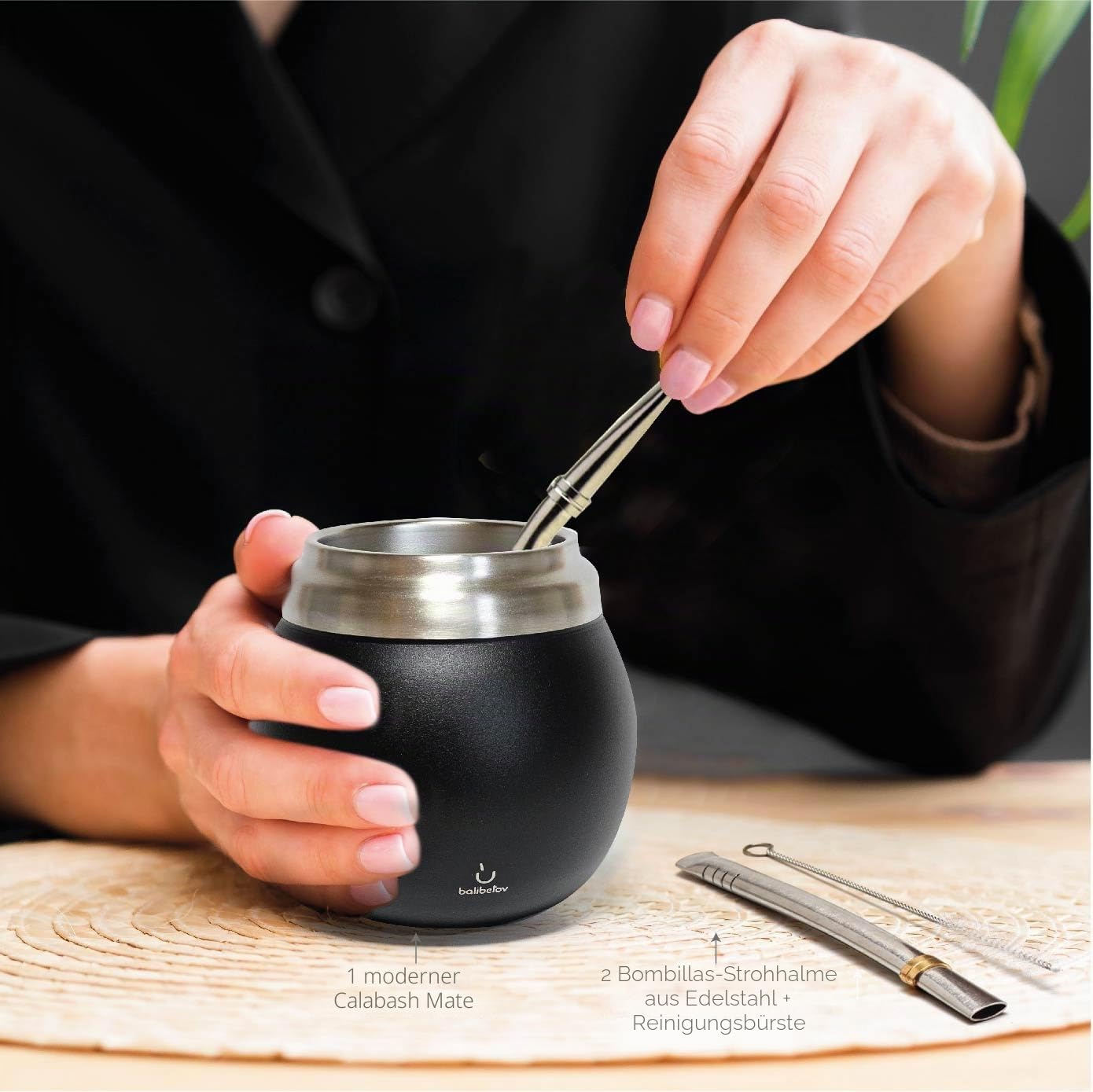 Yerba Mate Set - Modernes Yerba Mate Gourd Kit - Edelstahl mit Calabash Form und Bombilla - Einfach zu reinigen (Schwarz)