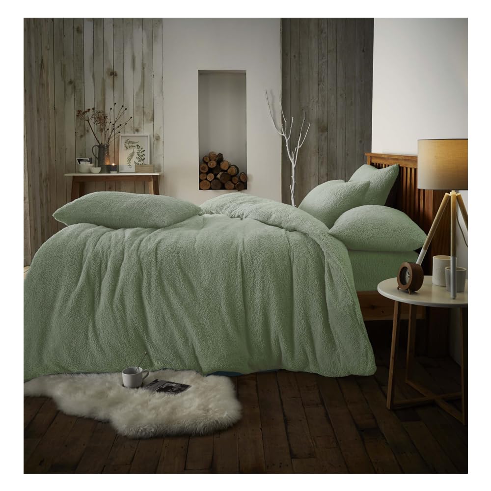 Slumber Nights Teddy Duvet Cover and Pillowcase Set Soft warm Fleece Bedding (Sage Green, Single Duvet Cover Set)