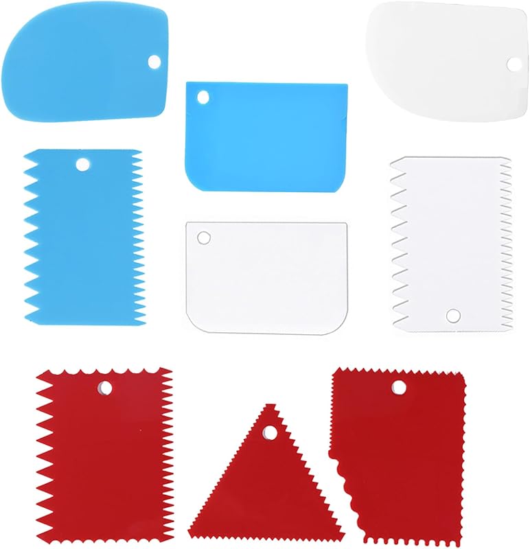 Juego de herramientas para raspar masa, raspador para glaseado de pasteles, cortador de pizza, crema de pan reutilizable, cortador de repostería de plástico flexible, para hornear, borde de pastel, peine decorativo a rayas (9 piezas, multicolor)