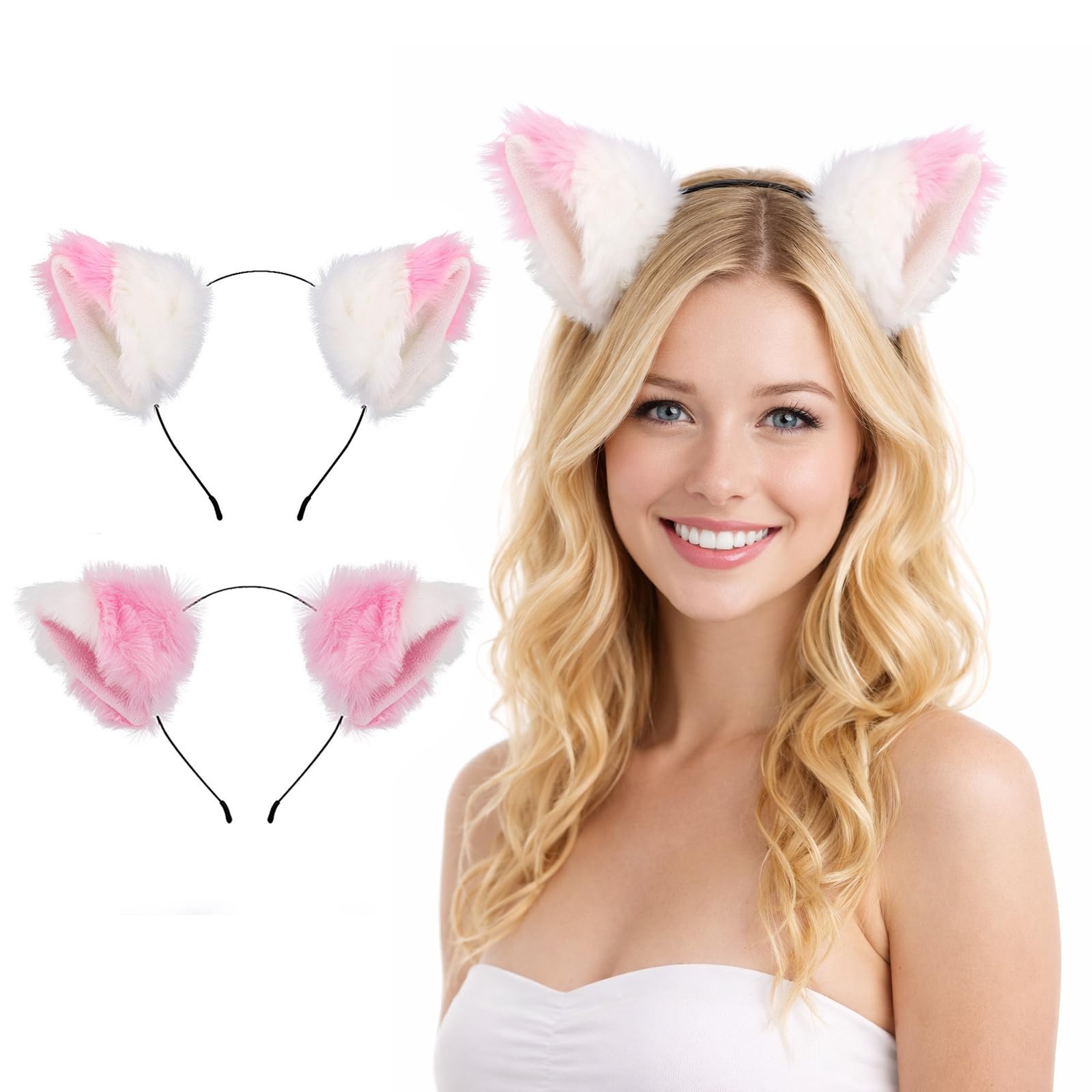 YONEEKSS 2 Pcs Plush Furry Fox Ears Headband, Cute Fluffy Fox Ears Hair Hoop, Animal Cosplay Costume Accessory for Halloween, Christmas Party, Dress Up, Stage Show (pink)