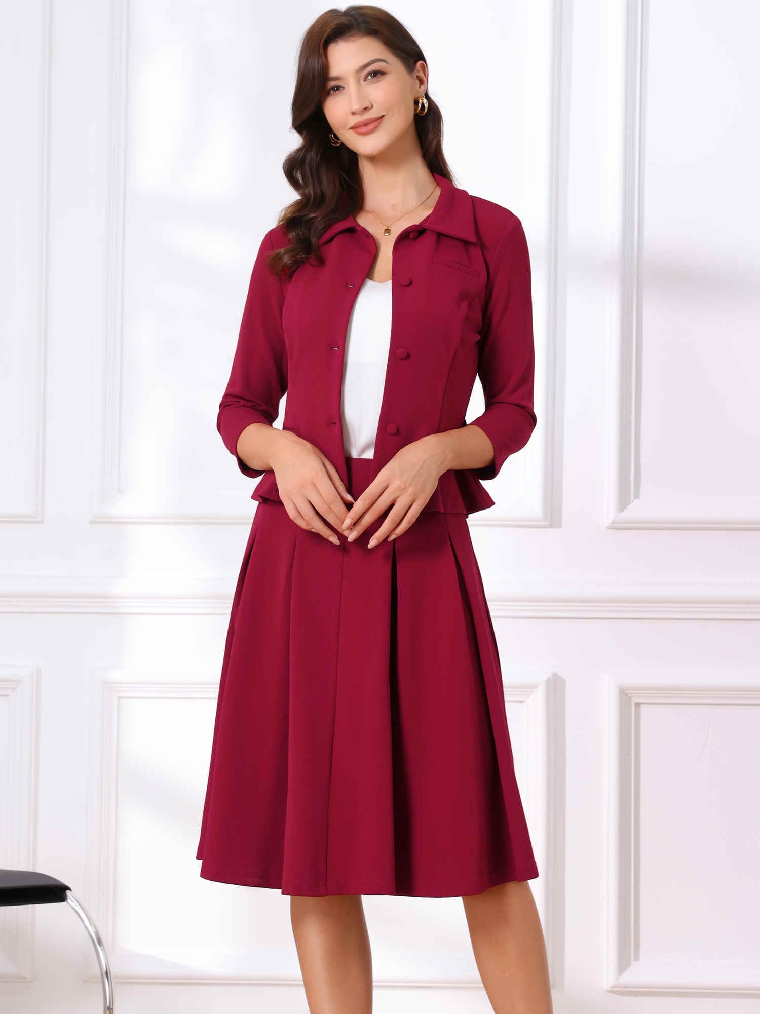 Allegra K Tailleurs-Jupes Femmes Ensemble de Costume d'affaires Tenues de Bureau 2 Pièces Veste Blazer avec Ceinture Jupes Plissées