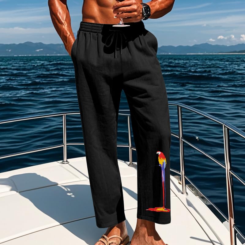 Men's Lightweight Loose Fit Comfy Pants Casual Summer Vacation Solid Color Trousers Parrot Printed Trendy Outfits Classic Drawstring Wide Straight Leg Streetwear Black XL2