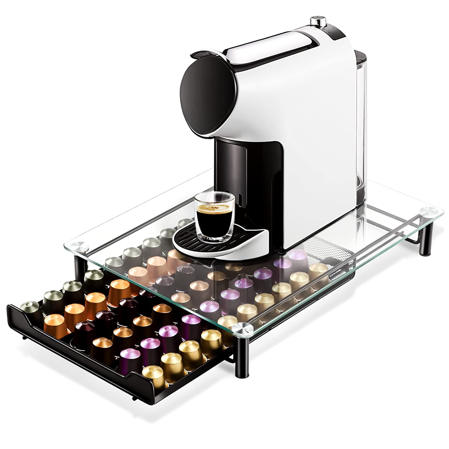 60 Nespresso Compatible Coffee Pod Drawer Glass Transparent Storage Compatible Tray Dispenser Holder for Capsules, Pods by Crystals®