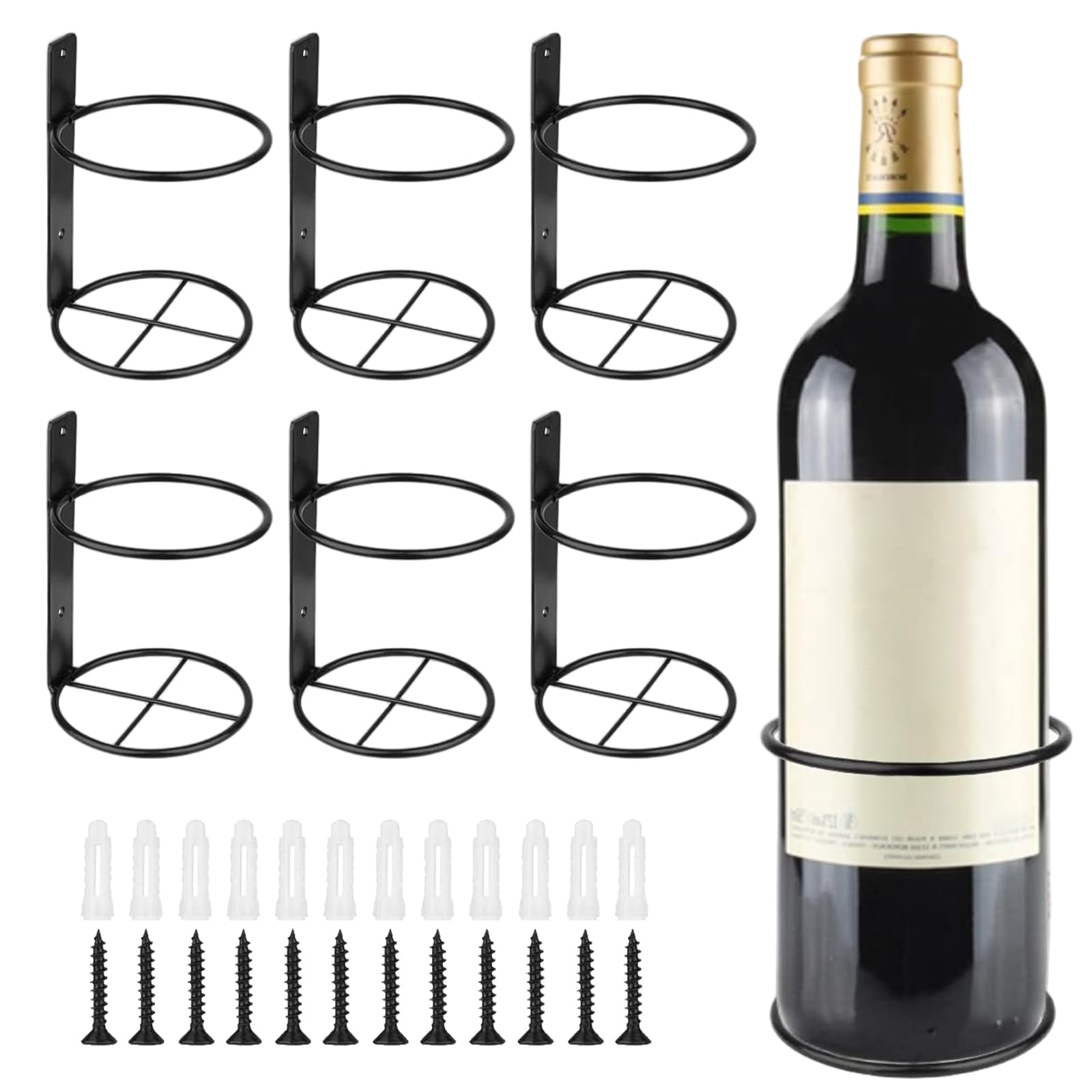 Ameble 6Pcs Metal Wall Mount Wine Rack with Screws, 3.4 Inch Inner Diameter Hanging Bottle Holder for Wine, Liquor, Beverages, Space-Saving Home Bar Storage